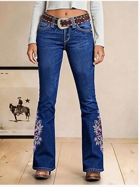 Flamingals Purple Floral Embroidered Mid Waist Bootcut Jeans Size Small NWT